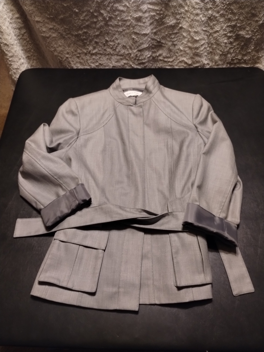 Calvin Klein Light Gray Cropped Structured Jacket with Belt